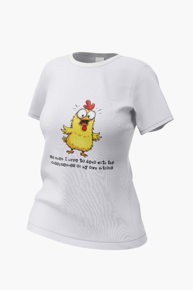 white t-shirt with a chicken looking paniced