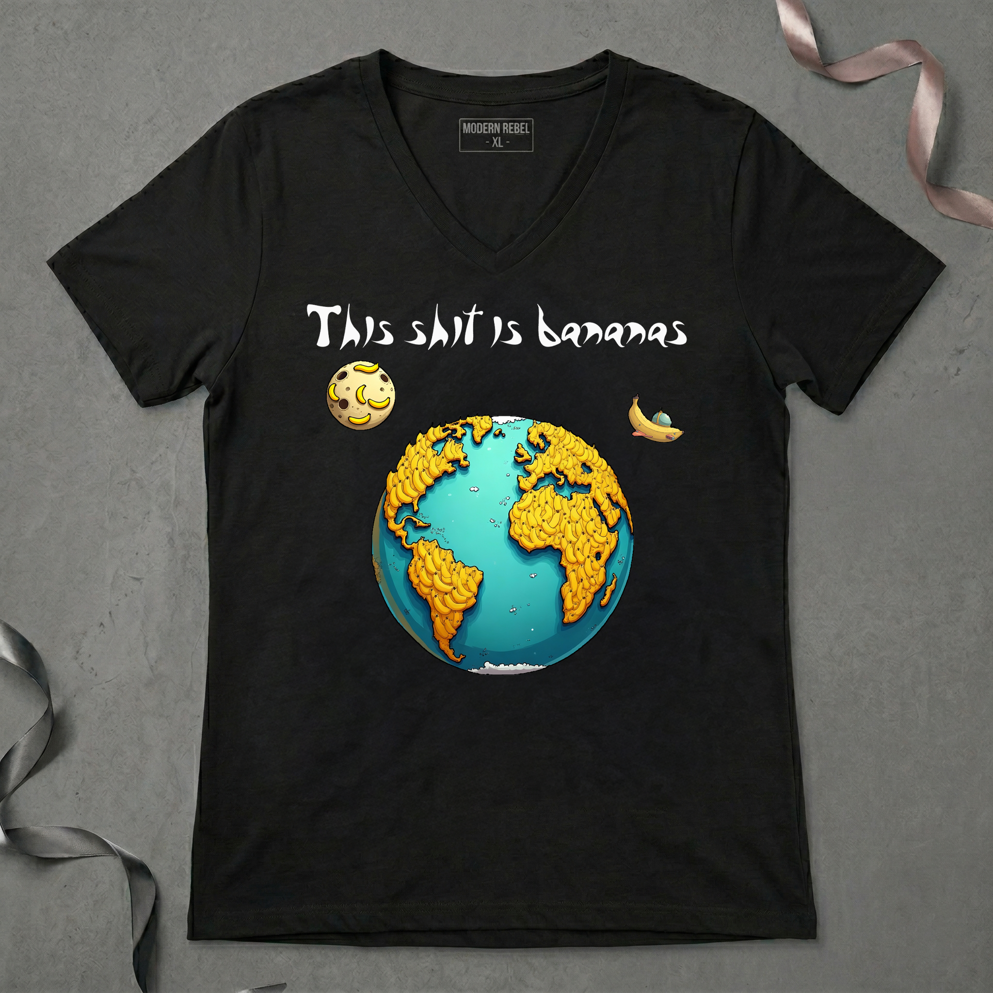 black T-shirt with print this shit is bananas