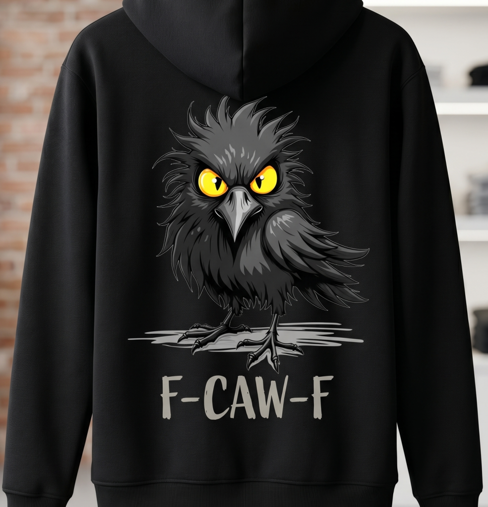 black hoodie with a crow and text reading F-Caw-F