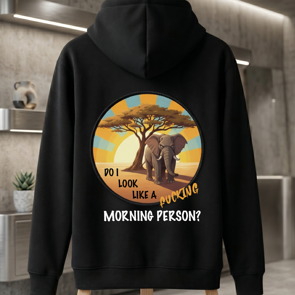 black hoodie with the grumpy elephant walking