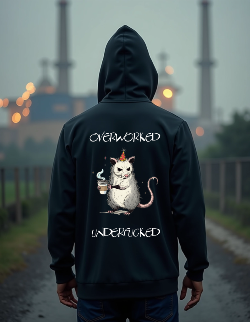 man with a black hoodie and the opossum, overworked, underfucked