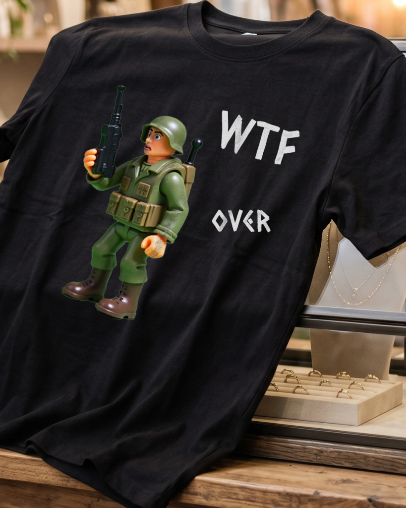 black t-shirt with a GI Joe and a walkie talkie WTF over